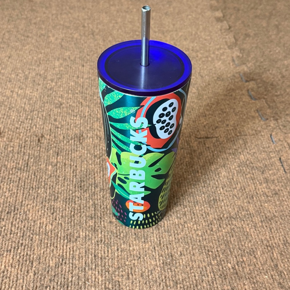 Starbucks 24oz Stainless Steel Tropical Fruit Tumbler Teal Purple Lid Metal Stra